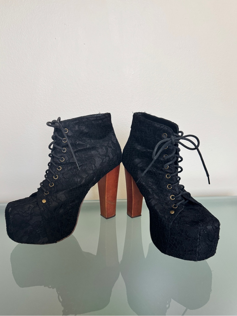 Jeffrey Campbell Lita Black Lace Platform Lace-Up Ankle Boots with Brown Heel